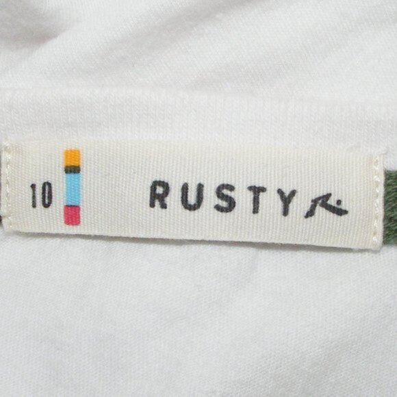 new RUSTY Tshirt, 10/M, White/Green Yoke, Short sleeves, Logo front, Cotton - Picture 7 of 9